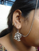 vintage antique tribal old silver ear plug earrings with hair chain belly dance - £130.80 GBP