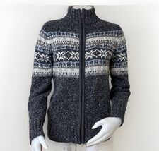 One on One Fair Isle Sweater Jacket Womens Medium Gray Blue Fleck Zip Ca... - $21.10