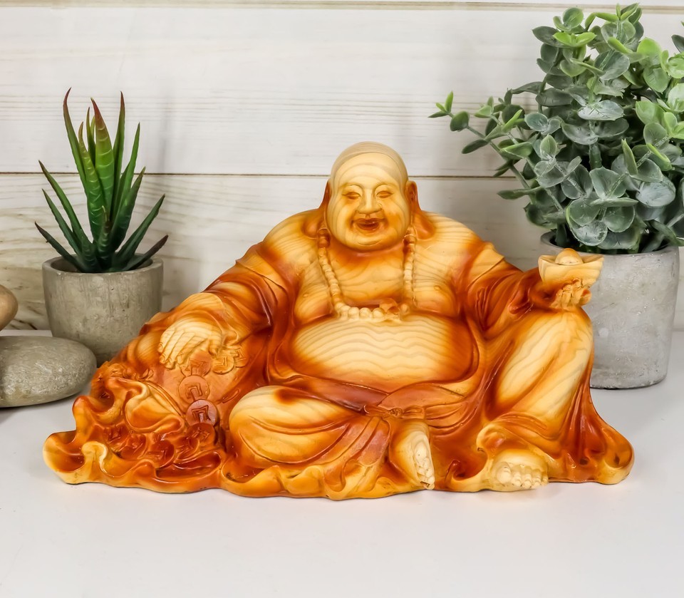 Ebros Feng Shui Hotei Happy Buddha Sitting with Gold Ingot and Money Coi... - $27.99