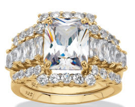 Emerald Cut Cz 3 Piece Gp Bridal Ring Set 18K Gold Sterling Silver 5 6 7 8 9 10 - £157.31 GBP