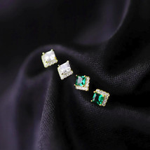 9ct Solid Gold Classy Tile Stud Earrings Zirconia Handmade - stylish, green, 9K - £69.11 GBP