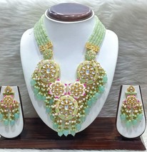 Bollywood Style Indian Gold Plated Kundan Green Necklace Enameled Jewelry Set - £151.09 GBP