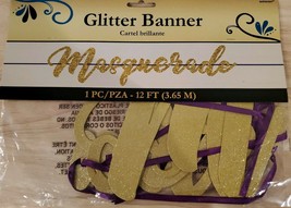 &quot;MASQUERADE&quot; Gold Glitter Banner  - 12 ft long ! NEW in package. - £3.99 GBP