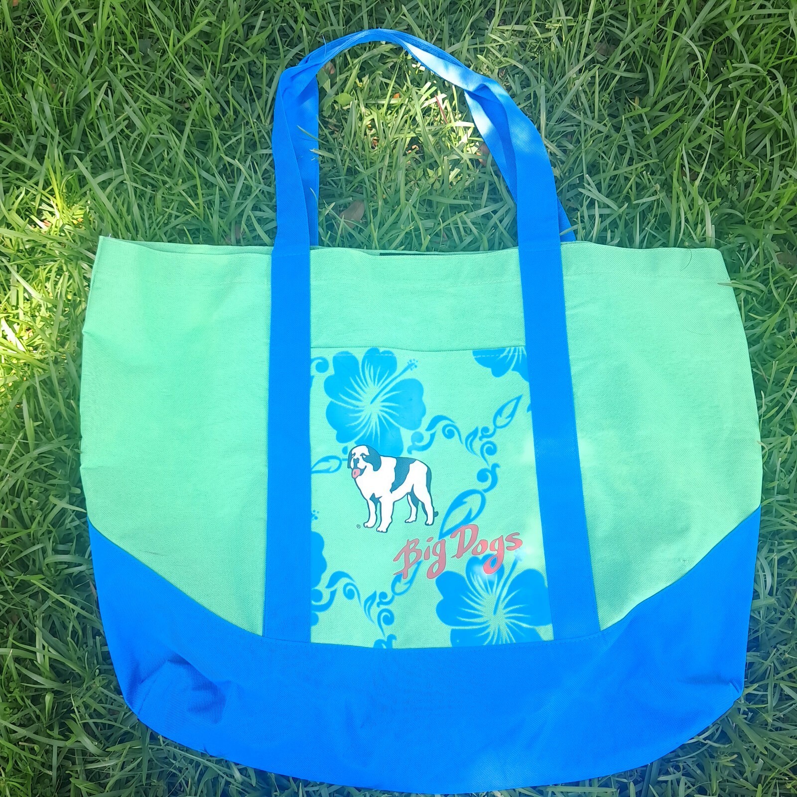 Vintage Big Dogs Tote Bag Pockets Green Blue Canvas Hawaiian flower beac... - $25.00