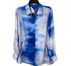 New Alfani Blouse Womens Medium Oversized Watercolor Blue White Long Sleeve - £18.61 GBP