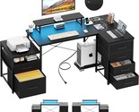 L Shaped Desk With File Drawers, 71&quot; Reversible Computer Desk With Power... - £260.86 GBP