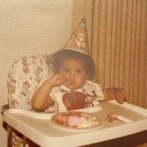 Found Color Photo Baby Girl 1st Birthday Cake High chair 1980s Asian - £7.07 GBP