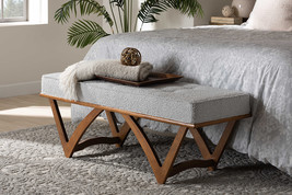 Mathis Japandi Light Gray Boucle Fabric and Walnut Brown Bench - $3,319.22 MXN