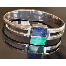 Well Made Solid Wrought Taxco 925 Sterling Silver Gem Inlaid Bracelet Sky - $178.22