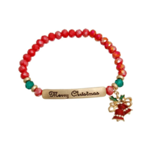 Merry Christmas Gold Plate Stretch Bracelet Red &amp; Green Beads Xmas Bell Charm - £23.49 GBP