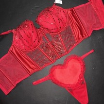 Victoria&#39;s Secret 34B,34C Bra Set Corset Top Heart Thong Red Floral Embroidered - £63.69 GBP