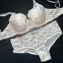 Victoria&#39;s Secret 38DDD Bra Set Xxl Panty Cream Beige White Floral Lace Body By - £62.29 GBP
