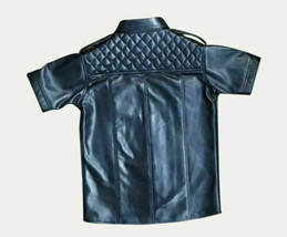 Men&#39;s Police Uniform Shirt Real Black Lambskin Leather Paaded Cuir Gay S... - $89.99