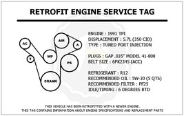 1991 TPI 5.7L Corvette Retrofit Engine Service Tag Belt Routing Diagram Decal - £11.76 GBP