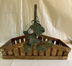 Vintage Large Wood Slat Trug Gathering Basket With Green Metal Leaf Handle - £13.97 GBP