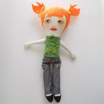 Handmade Fabric Art Doll Big Eyes Painted Face Freckles Pigtails OOAK Cloth Doll - £19.83 GBP