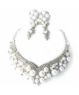 Clear Silver Tone Simulated pearl Statement Wedding Jewelry Necklace set - £19.95 GBP