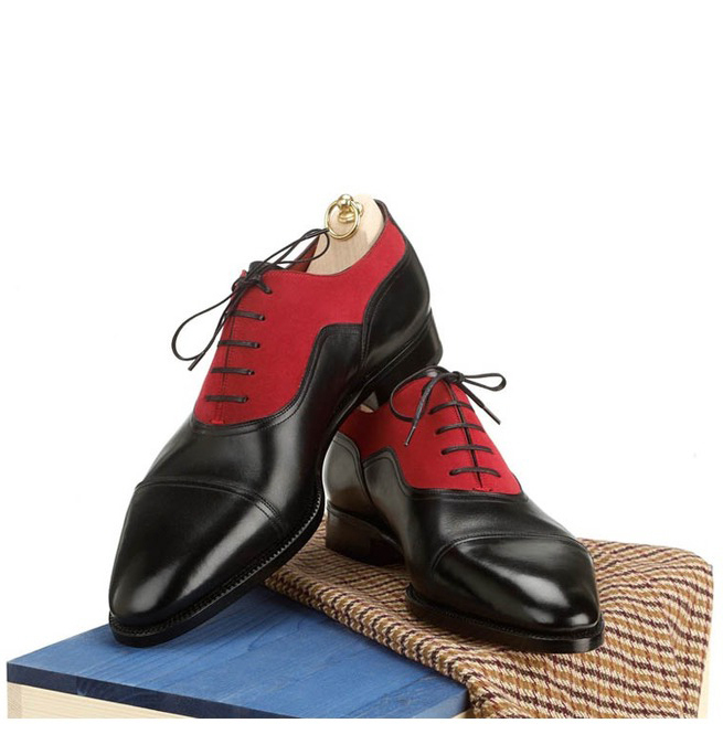 NEW Handmade Leather Suede Lace Up Wingtip Oxford Shoes, Men's 2 Tone Black Red