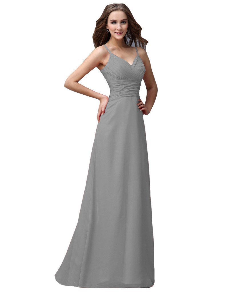 Kivary Women's Long Spaghetti A Line Chiffon Prom Evening Dresses Silver US 10