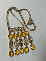 Goldtone Chain w Large Oval Yellow &amp; Faux Nuggets Fringe Pendant Necklace – - £8.84 GBP