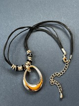 Triple Strand Black Cord w Small Black Enamel &amp; Silvertone Ring Beads &amp; Open Tea - £11.68 GBP