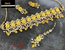 Indian Kundan Jewelry Gold Plated Choker Necklace Earrings Tikka Set yellow ES7 - £33.45 GBP