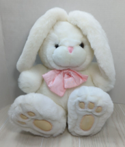 White chubby Bunny Rabbit Plush sitting pink nose satin bow beige pawprints - $14.84