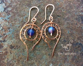 Handmade copper earrings: wire wrap teardrop encircling purple Czech glass beads - $39.00