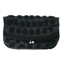 Black Satin Beaded Envelope Clutch Purse 8&quot;W x 1&quot; D x 5.5&quot;H - $18.99