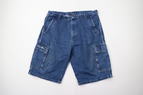 Vintage 90s Streetwear Mens 40 Distressed Baggy Hip Hop Denim Cargo Shor... - £51.34 GBP