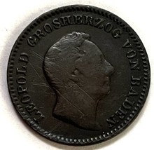 1852 Germany Baden 1/2 Kreuzer Leopold Copper Coin KM# 213 - £10.90 GBP