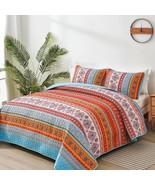Boho Quilt Set King Size,3 Piece Orange Bohemian Striped Autumn, 104&quot;X90&quot; - $80.85 CAD