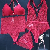 Victoria&#39;s Secret 34B BRA SET+high-waist thong+panty+M TEDDY RED lace gold chain - £151.63 GBP