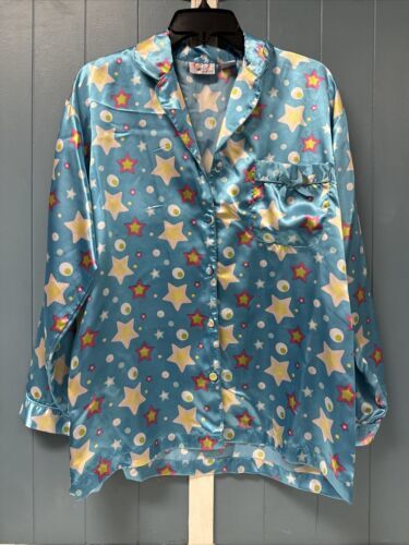 Vintage JOLIE Intimate Satin Collared Pajama Top Size M Turquoise Stars - $18.80