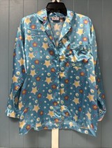 Vintage JOLIE Intimate Satin Collared Pajama Top Size M Turquoise Stars - £14.72 GBP