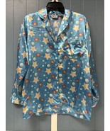 Vintage JOLIE Intimate Satin Collared Pajama Top Size M Turquoise Stars - $24.18 CAD