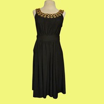 Black Sleeveless Midi Dress With Gold Geometric Embellished Neckline &amp; G... - $228.47 MXN