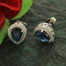 2.25Ct Pear Cut Blue Sapphire Diamond Halo Stud Earring In 14K White Gold Finish - £61.40 GBP