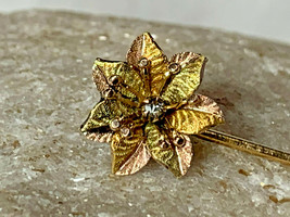 18K &amp; 14K Yellow Gold Diamond? Vtg Flower Stick Hat Tie Pin 1.36g Jewelry - £127.85 GBP
