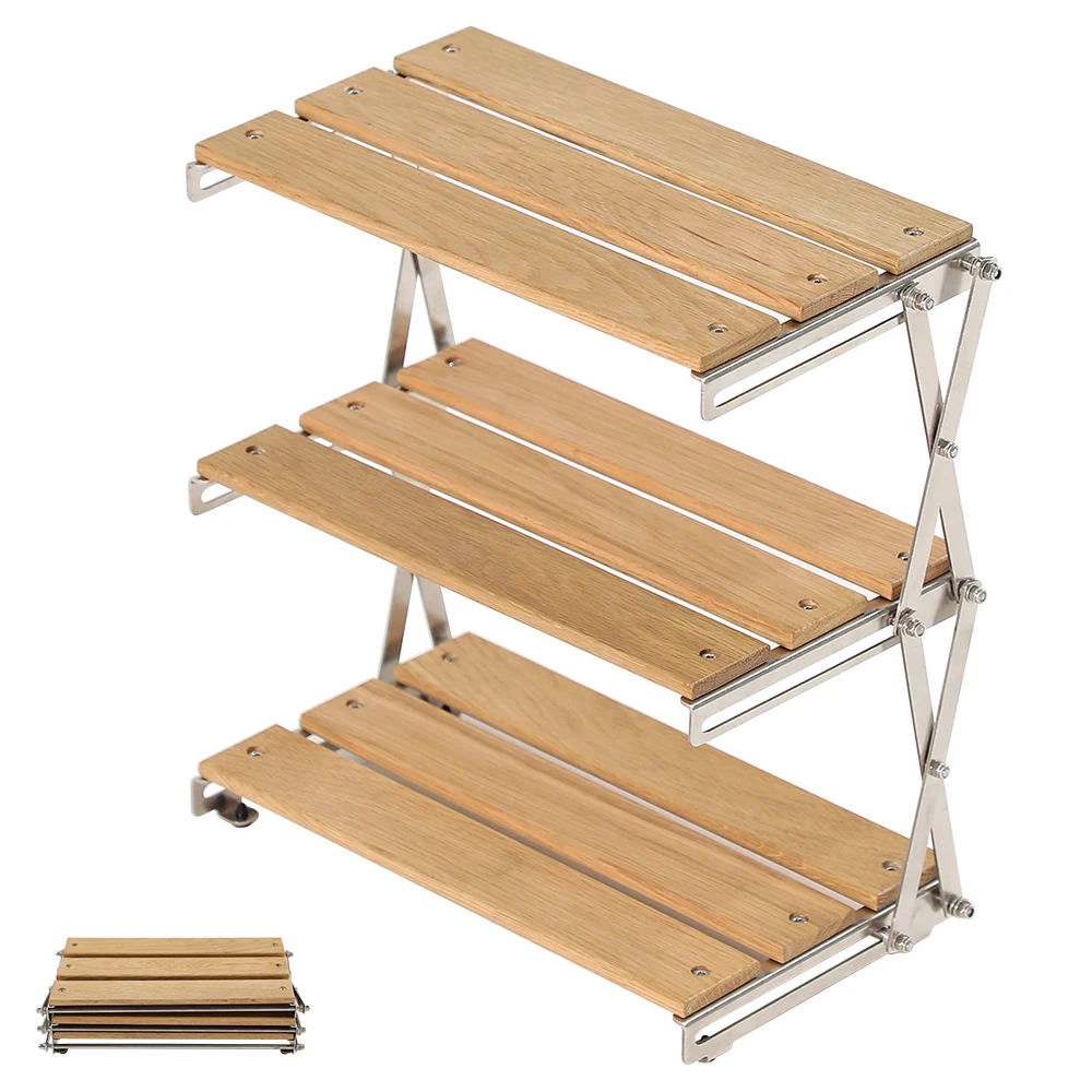 Camping tabletop foldable oak rack 3-shelf wooden collapsible folding storage - £48.31 GBP