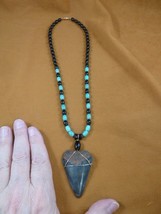 s256-25) 2-1/8&quot; fossil MEGALODON shark Tooth turquoise + black onyx 20&quot; ... - £62.48 GBP