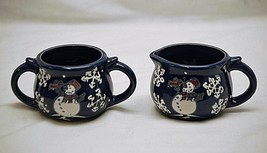 Classic Blue Open Sugar Bowl &amp; Creamer w Snowman &amp; Snow Flakes Kitchen T... - $17.81