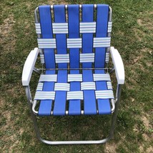 Vintage Folding Aluminum Lawn Chair Blue/White Beach Patio Webbed Lawn R... - £27.53 GBP