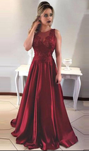 Scoop Neck Dark Red Satin Prom Dress Long Women Party Dresses - £111.82 GBP