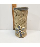 STUDIO Art Handmade Lidded Textured POTTERY 6.5&quot; x 3&quot; JAR LID Blue FLOWERS - £13.13 GBP