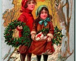 Raphael Tuck Happy Christmas Children Snowy Woods Holly Wreath DB Postca... - $6.88