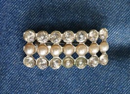 Crystal Rhinestone &amp; Faux Pearl Silver-tone Bar Brooch 1950s vintage 1 1/2&quot; - £10.35 GBP