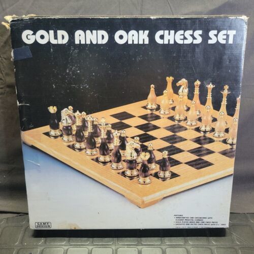 1989 Gold And Oak Chess Set, Handcrafted Oak Chessboard - £61.72 GBP