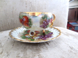 Vintage Royal Sealy Japan China 3 Footed Cup Saucer Iridescent Lusterware Fruit  - £18.40 GBP