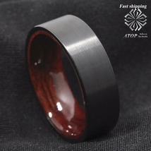 8mm Black Brushed Tungsten Red Sandal Wood Inlay Wedding Band Ring Men&#39;s Jewelry - £28.24 GBP